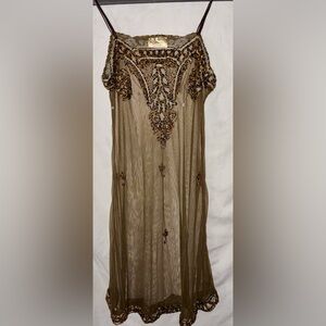 Bonnie Strauss Y2K Sheer Beaded Slip Dress Top Shirt Olive Large New With Tag
